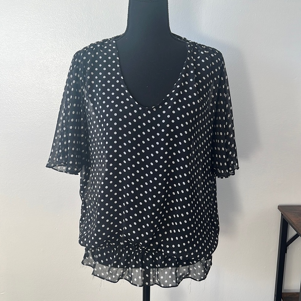 Sheer top blouse dress shirt polkadot